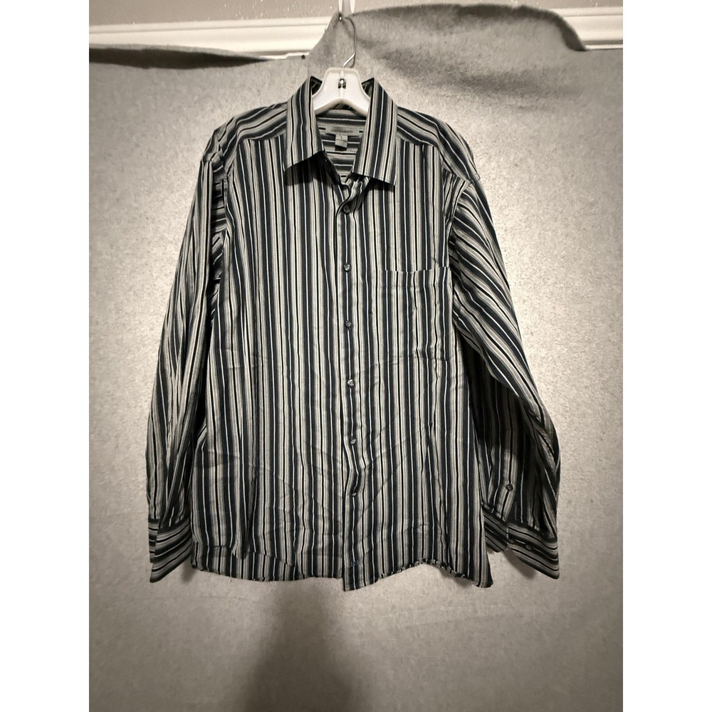 Johnston & Murphy Dress Shirt Mens Large Blue Stripe Cotton Twill Long Sleeve